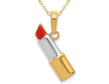 Red Enameled Lipstick Charm Pendant Necklace in 14K Yellow Gold With Chain